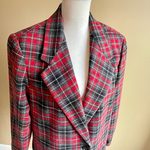 VTG Requirements Womens Blazer Red Plaid Wool Blend 1 Button Jacket Size 10 - Picture 3 of 16